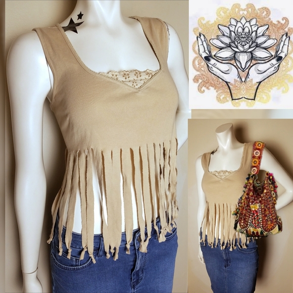 Vintage Tops - VINTAGE Fringed Cropped Boho Plus Size Tank Top Fairycore Cottagecore Tribal 1X